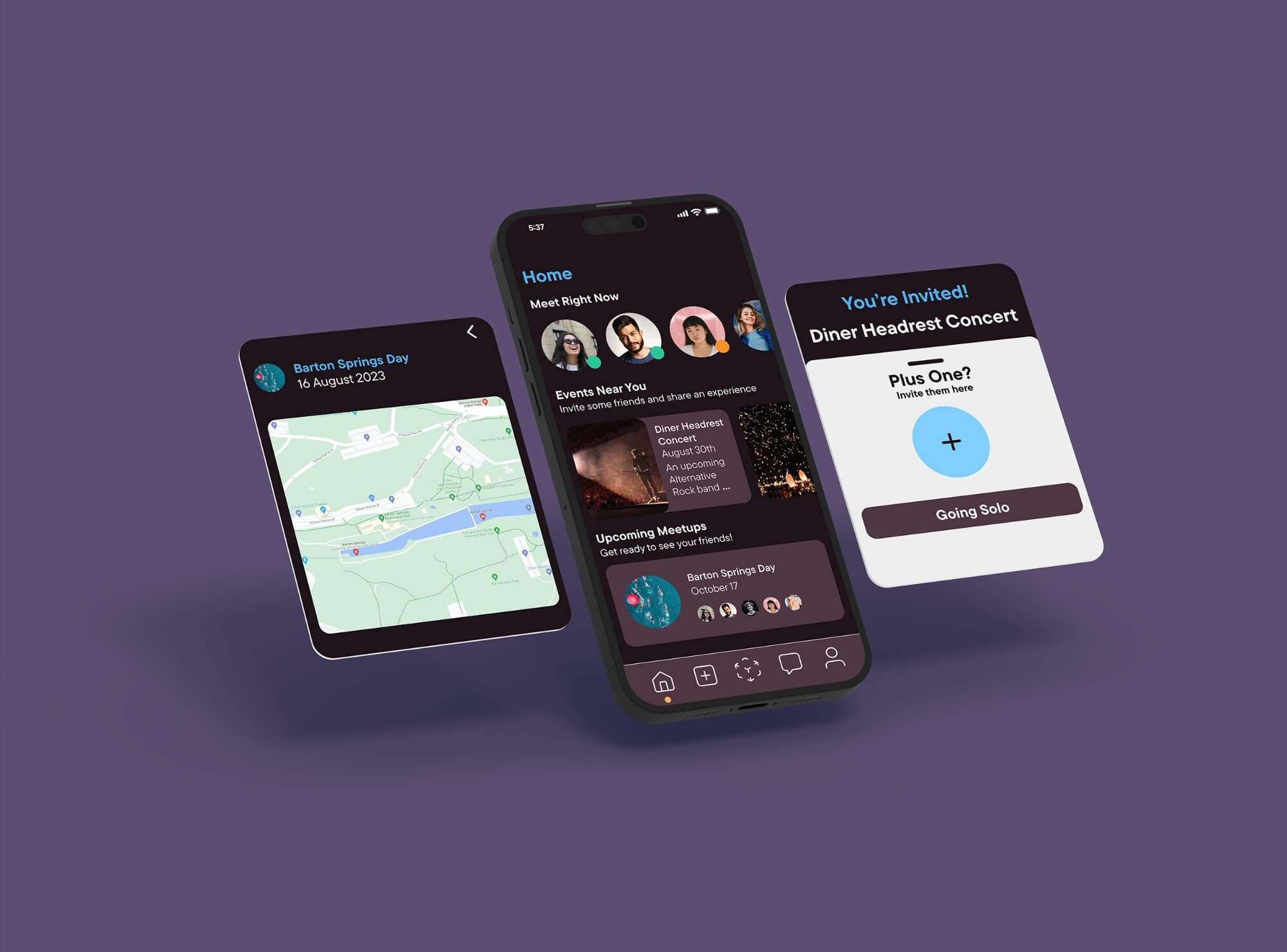 OpenInvite app mockup showing the home screen and event creation flow